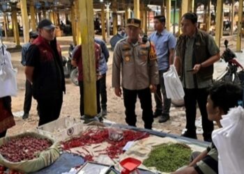 Kapolres Rohil bersama Kadisprindagsar cek harga sembako dipasar Ujung Tanjung (f: istimewa)